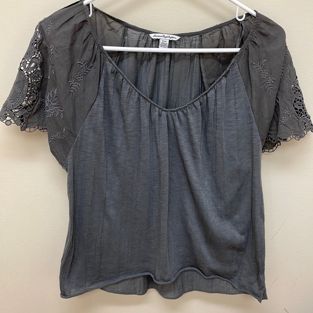 American Eagle Butterfly Embroidered Sleeve V-Neck Gray Top in X-Small
